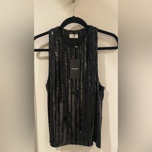Saint Laurent Black 100% Silk and Sequin Sleeveless Blouse Size 40